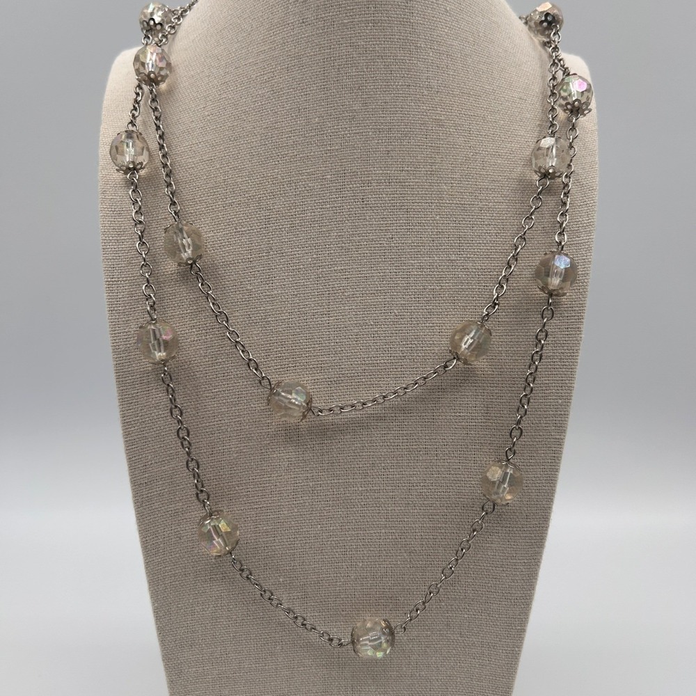 Silver Tone Clear Faceted Bead 2 Strand Layered Station Necklace Long 24"